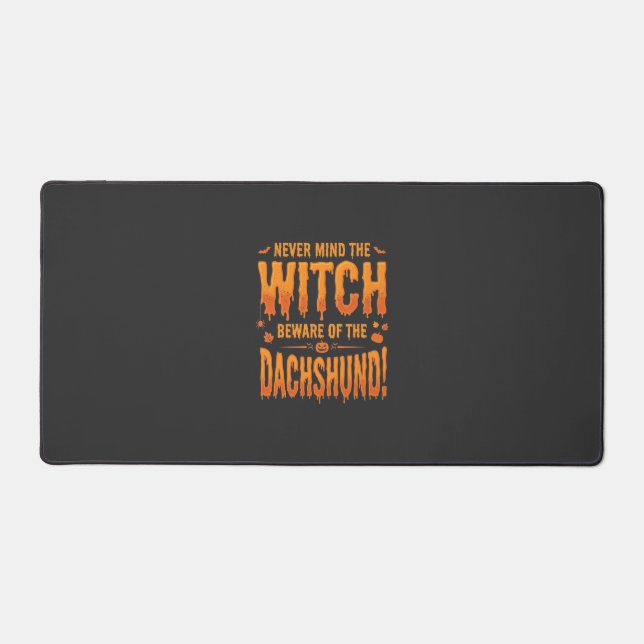 Dachshund Halloween Witch Warning Typography Vecto Desk Mat (Front)