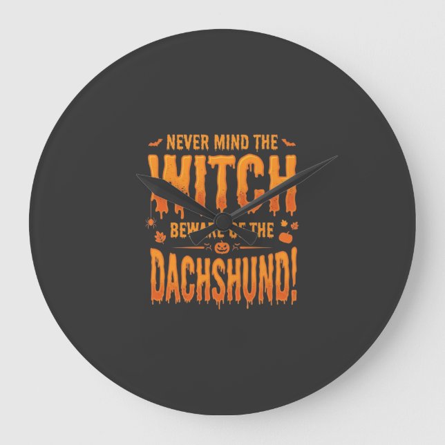 Dachshund Halloween Witch Warning Typography Vecto Large Clock (Front)