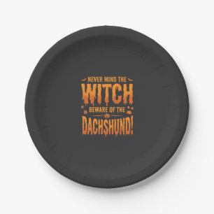 Dachshund Halloween Witch Warning Typography Vecto Paper Plate