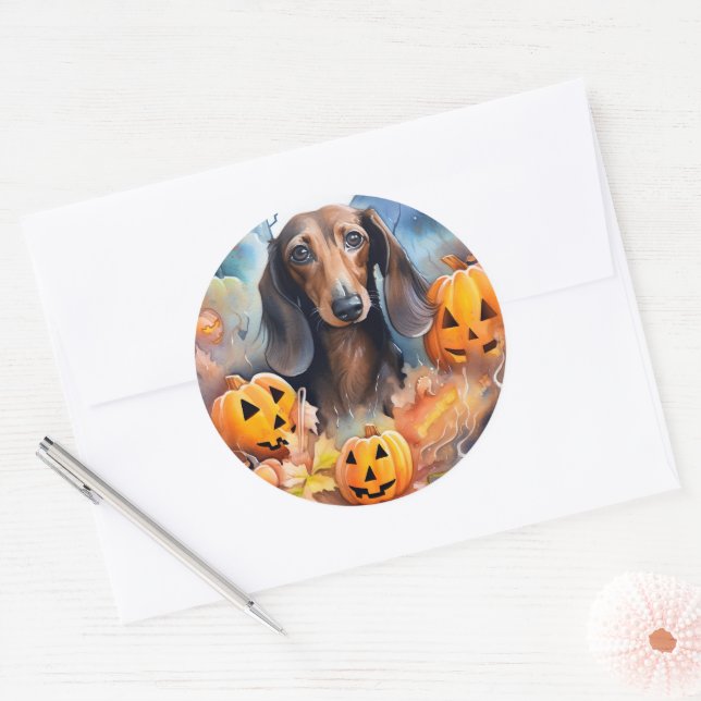 Dachshund Halloween With Pumpkins Scary Classic Round Sticker (Envelope)