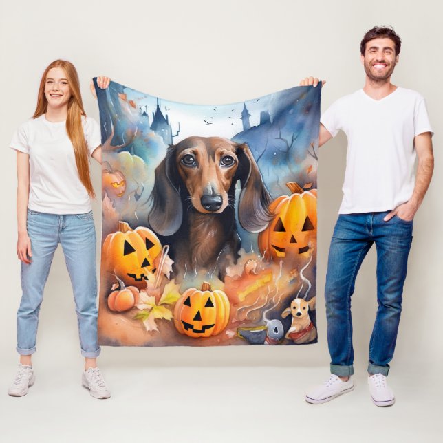 Dachshund Halloween With Pumpkins Scary Fleece Blanket (In Situ)