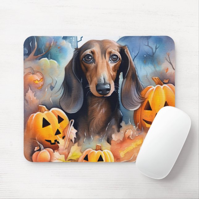 Dachshund Halloween With Pumpkins Scary Mouse Pad (With Mouse)