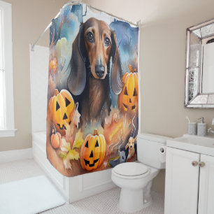 Dachshund Halloween With Pumpkins Scary Shower Curtain