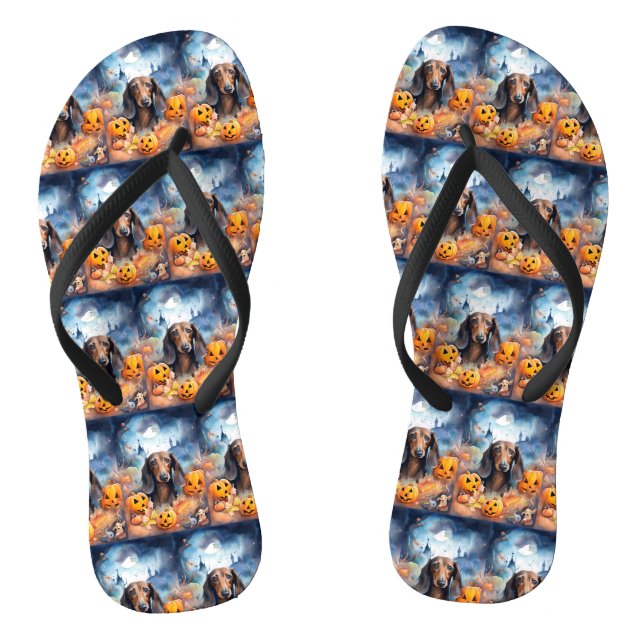 Dachshund Halloween With Pumpkins Scary Thongs (Footbed)