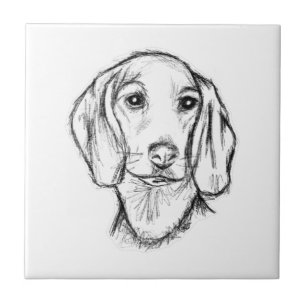 dachshund hand drawn sketch black white puppy dog  ceramic tile