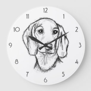 dachshund hand drawn sketch black white puppy dog  large clock