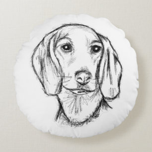 dachshund hand drawn sketch black white puppy dog  round cushion