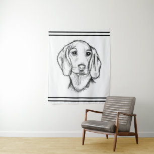 dachshund hand drawn sketch black white puppy dog tapestry
