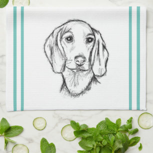 dachshund hand drawn sketch black white puppy dog  tea towel