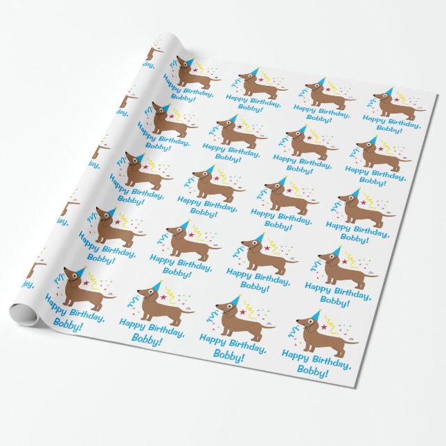Dachshund Happy Birthday Name Customisable Wrapping Paper (Unrolled)