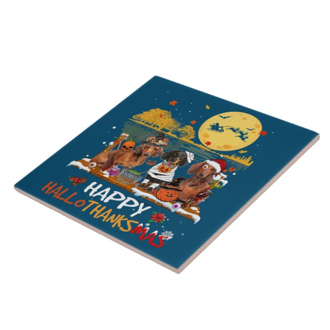 Dachshund Happy Hallothanksmas Halloween Thanksgiv Ceramic Tile (Side)