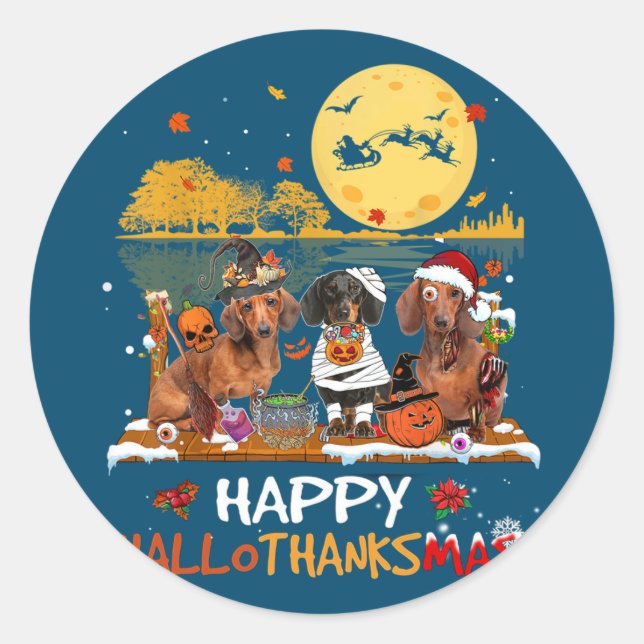 Dachshund Happy Hallothanksmas Halloween Thanksgiv Classic Round Sticker (Front)