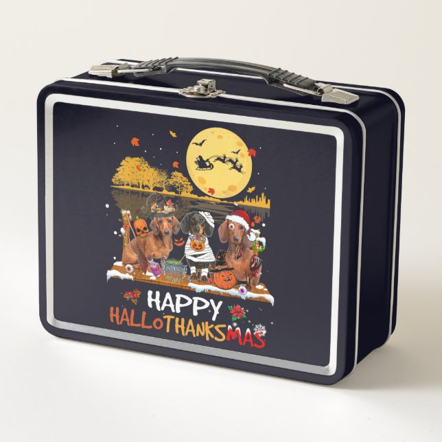 Dachshund Happy Hallothanksmas Halloween Thanksgiv Metal Lunch Box (Front)
