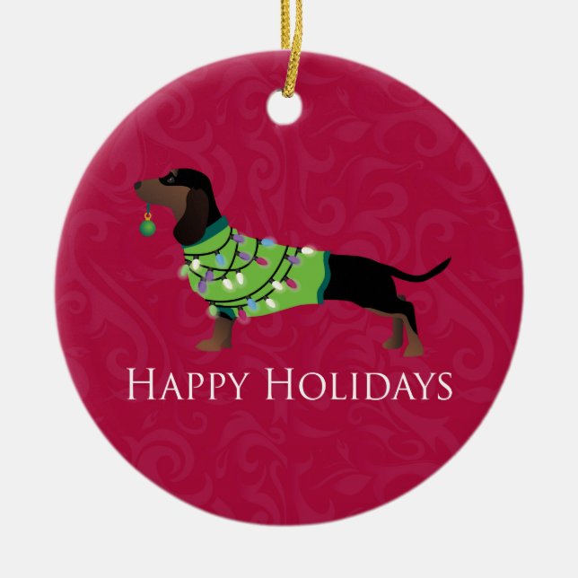 Dachshund Happy Holidays Design Ceramic Tree Decoration (Front)