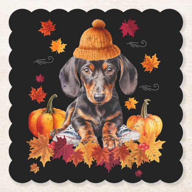 Dachshund Hello Autumn Leaf Fall For Dog Lover Paper Coaster (Front)