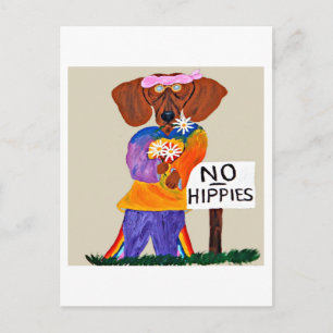 Dachshund Hippie at No Hippies Sign Invitation Postcard