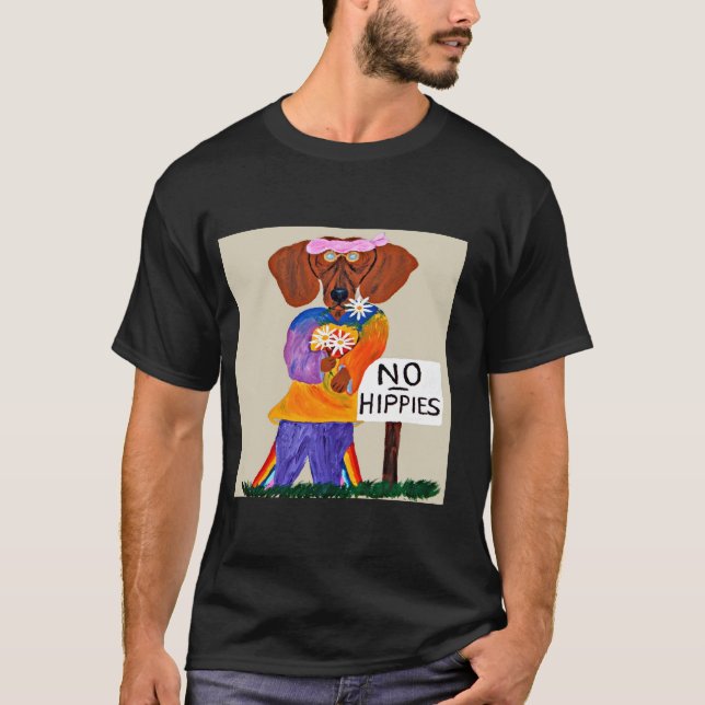 Dachshund Hippie at No Hippies Sign T-Shirt (Front)