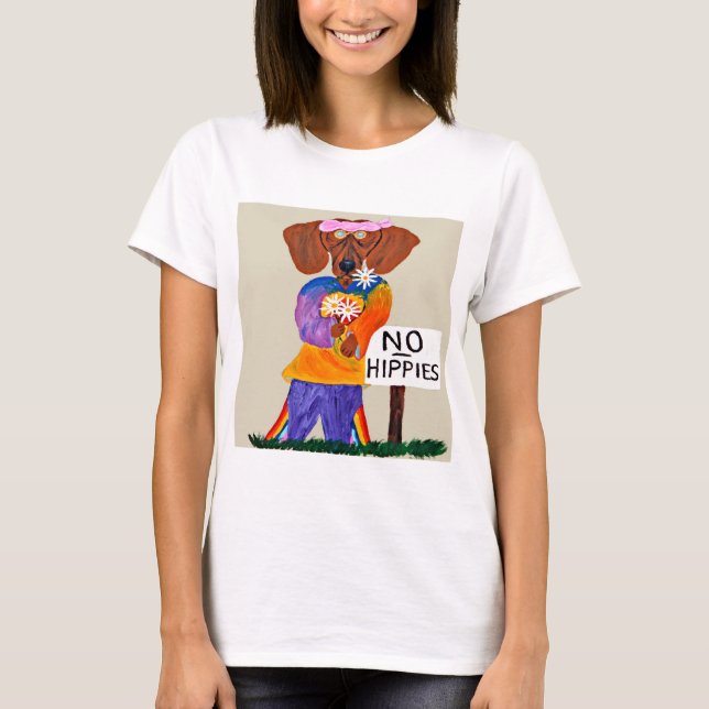 Dachshund Hippie at No Hippies Sign T-Shirt (Front)