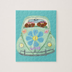 Dachshund Hippies In Their Flower Love Car Jigsaw Puzzle