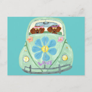 Dachshund Hippies In Their Flower Love Car Postcard