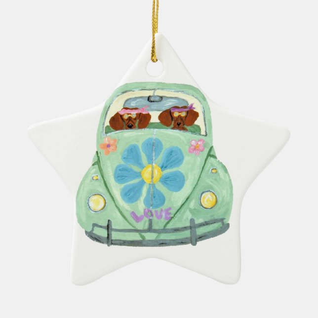 Dachshund Hippies In Their Flower Love Mobile Ceramic Ornament (Front)