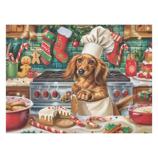 Dachshund Holiday Baking: Festive Christmas Tablecloth (Front (Horizontal))