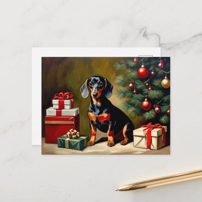 Dachshund Holiday Illustration Postcard (Front/Back In Situ)