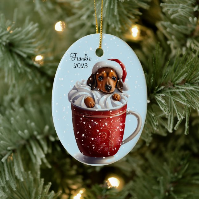 Dachshund Hot Cocoa Christmas Ceramic Ornament (Tree)