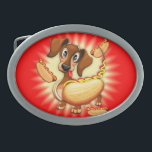 Dachshund Hot Dog Cute and Funny Character Belt Buckle<br><div class="desc">Cute Dachshund Dog Cartoon Character looking a bit confused and amazed,  with tongue hanging out,  and with big surprised eyes because he's realising he's a... hot dog Sausage! Vector Clip Art Illustration isolated on white. Copyright BluedarkArt.</div>