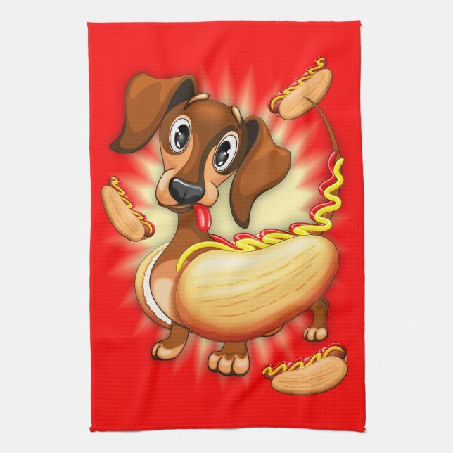 Dachshund Hot Dog Tea Towel (Vertical)