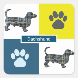 Dachshund Hound Dog & Paw Y&B Grid Square Sticker