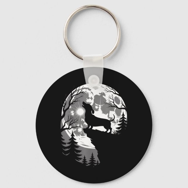 Dachshund Howling Full Moon Haunted Forest Key Ring (Front)