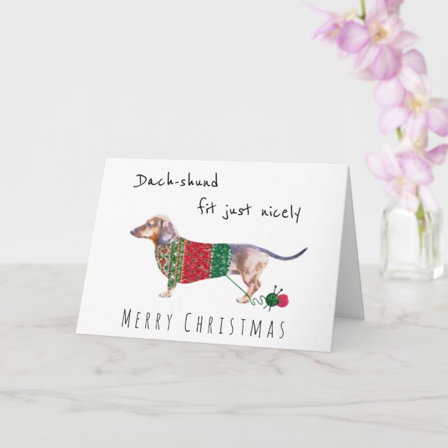 Dachshund in cute knitted christmas jumper card (Orchid)