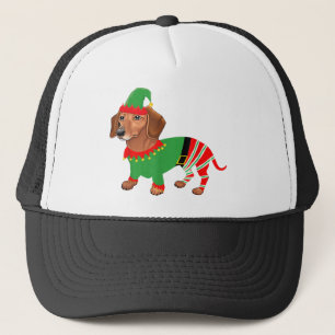 Dachshund in elf costume- dachshund christmas paja trucker hat