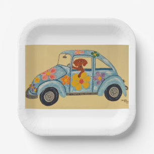 Dachshund in Hippie car  Paper Plate