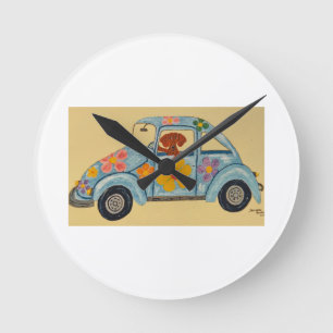 Dachshund in Hippie car Round Clock