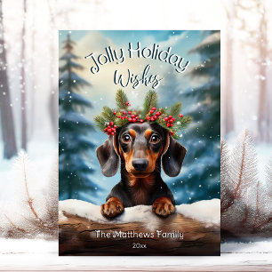 Dachshund in Snowy Enchanted Forest Pet Portrait Holiday Card
