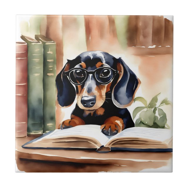 Dachshund in Watercolor Art Ceramic Tile (Front)
