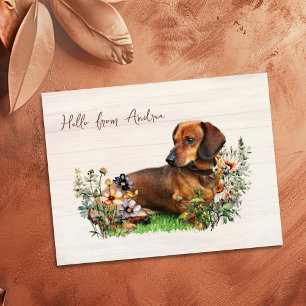 Dachshund in Wildflowers Hello From Postcard
