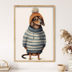 Dachshund In Winter Mood, Funny Dog Decor, Cozy Do Poster