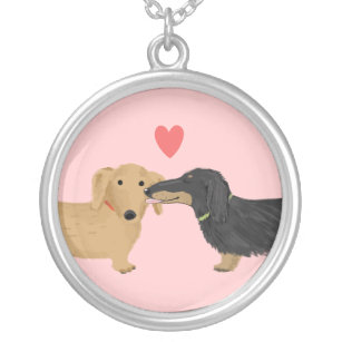 Dachshund Kiss with Heart   Wiener Dog Lover's Silver Plated Necklace