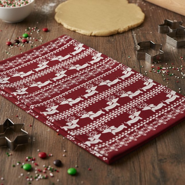 Dachshund Kitchen Christmas Gift or Decor  Tea Towel (Red dachshund reindeer Christmas dish towel)