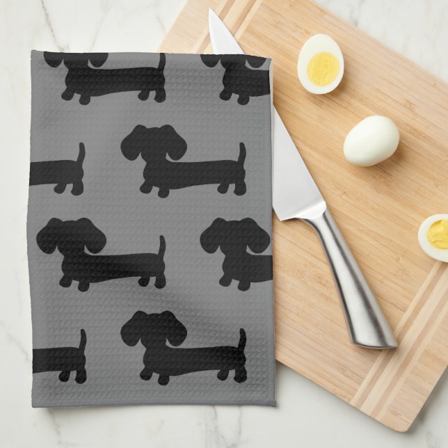 Dachshund Kitchen Dish Kitchen Towel Black & Grey (Quarter Fold)