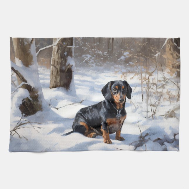 Dachshund Let It Snow Christmas Tea Towel (Horizontal)