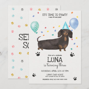  Dachshund Lets Pawty Dog Birthday Invitation Blue