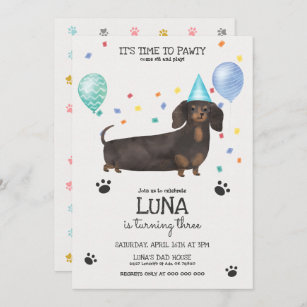 Dachshund Lets Pawty Dog Birthday Invitation Blue