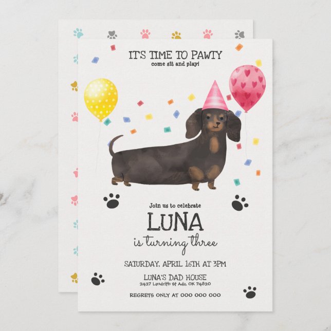  Dachshund Lets Pawty Dog Birthday Invitation Pink (Front/Back)