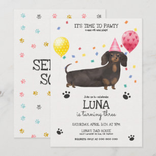 Dachshund Lets Pawty Dog Birthday Invitation Pink