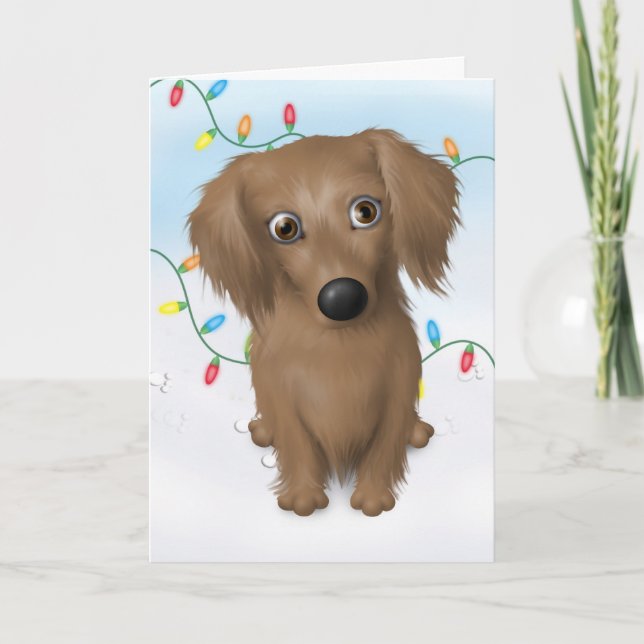 Dachshund (Long Hair) Christmas Holiday Card (Front)