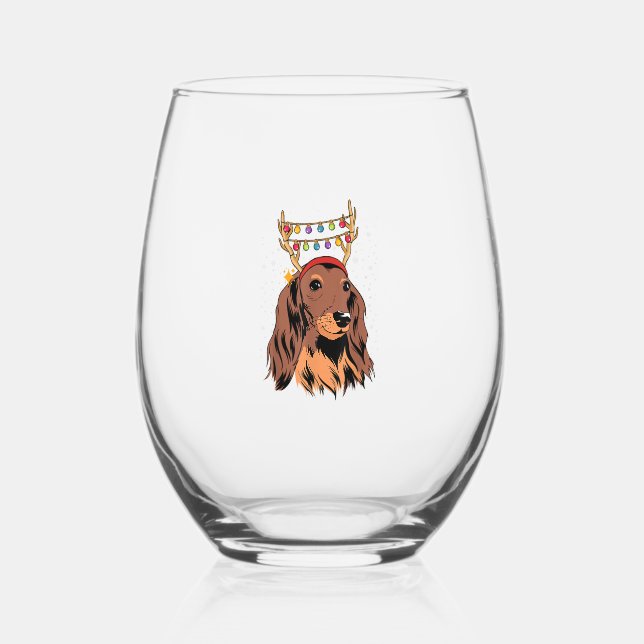 Dachshund Long Hair Reindeer Christmas Tree Lights Stemless Wine Glass (Front)